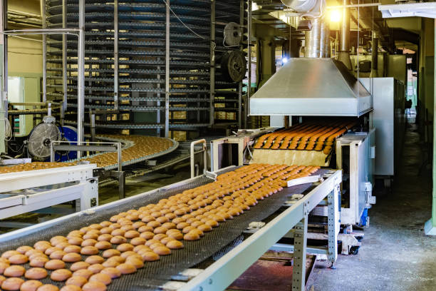 Confectionery factory. Production line of baking cookies. Selective focus